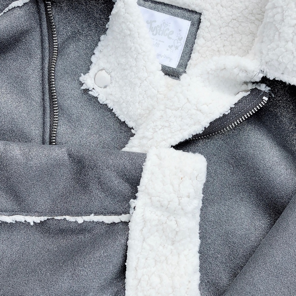 Justice Metallic Pewter Gray Faux Shearling Coat - Picture 6 of 8